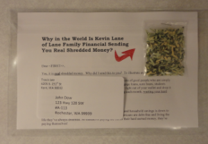 Shredded money in clear envelope direct mail peice