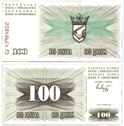 Bosnia-Herzegovina 100 Dinara Bank Note